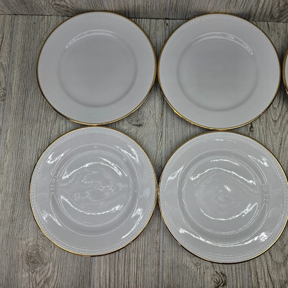 Pier 1 Gold Line Salad Plates Set of 6 White Ceramic Beaded Rim Gold Edge 7.75in